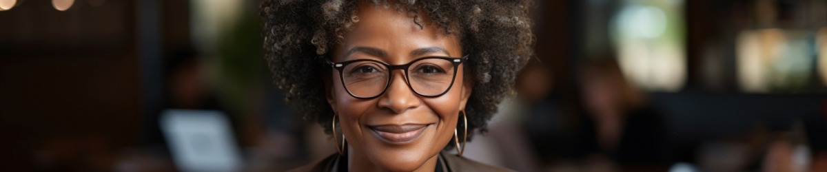 Woman with glasses smiling out at the camera